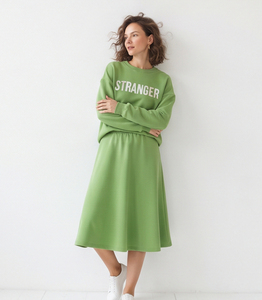 Women's Knee Length Fleece Skirts Set 100% Cotton Baggy Long Sleeve Crew <b>Neck</b> Mid Elastic Weight Sweatshirt Skirts Set Ladies - Product Image 2