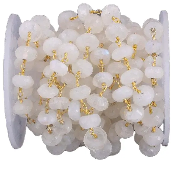 5-6mm Rainbow Moonstone Gold Plated Rondelle Rosary Style Beaded Chain Jewelry Findings DIY Making White Moonstone Rosary Chain