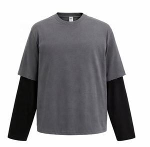 T-shirt personnalisé pour homme, style streetwear délavé à l'acide, double couche, manches longues, couleur unie, 100% coton, tricoté - Product Image 5