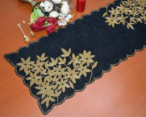 Black <b>Gold</b> Beaded <b>Table</b> <b>Runner</b> Rectangle Fabric Glam Handmade Mats - Product Image 1
