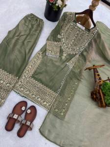 <b>Women's</b> Traditional Silk Ankle-Length <b>Suit</b> Set With Embroidered Top Bottom And Dupatta Pink Green Yellow <b>Teal</b> Colors - Product Image 5