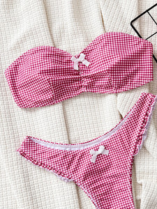 Conjunto de bikini con volantes sin tirantes para mujer, top acolchado push-up de dos piezas, parte inferior con lazo ajustable, traje de baño de verano para playa - Product Image 5