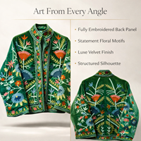 Jaket Bomber Beludru Jahitan Tangan Artisan Bordir Bunga Vintage Kerah Tegak Berlapis Katun Pakaian Luar Mewah
