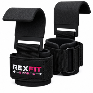 สายรัดข้อมือยกน้ำหนัก REXFIT SPORTS สีดำ ดีไซน์ตะขอโลหะ สายรัดพยุงข้อมือสำหรับการฝึกออกกำลังกาย - Product Image 1