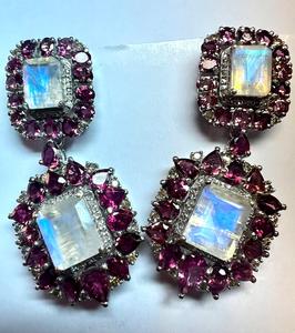 Pendientes de Diamantes Certificados de Plata de Ley 925 con Baño de Rodio de Lujo para Mujer, Turmalina Rosa Natural, Piedra Lunar Arcoíris - Product Image 4