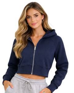 Sudadera Corta con Cremallera para Mujer, Manga Larga, Informal, de Felpa Suave, Estilo Urbano, Color Azul Marino, Moda Otoño Invierno - Product Image 1