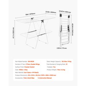 Stendibiancheria a 2 livelli pieghevole in metallo regolabile in altezza con 31 aste e clip per calzini - Product Image 2