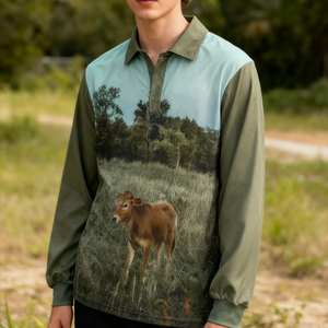 Polo à manches longues pour homme avec impression photo de paysage désertique, coupe classique, tissu tissé décontracté - Product Image 2