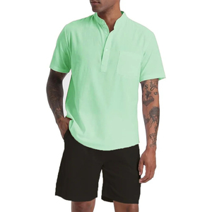 Men's Black Cotton Short Sleeve Henley Shirt & Shorts <b>Set</b> Casual Summer Breathable <b>Knitted</b> 2-Piece Outfit - Product Image 6
