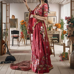 ชุดเลเฮนกาสีแดงเข้มแบบคลาสสิก ROYAL MAROON พร้อมลายปักดอกไม้คริสตัล ด้านหลังแบบผูกเชือก และป้องกันไฟฟ้าสถิต - Product Image 4