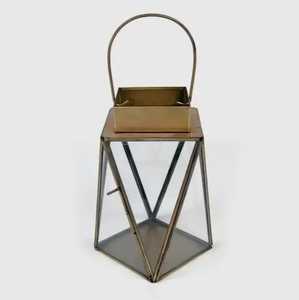Geometric Brass Pyramid Glass Candle <b>Lantern</b> Arch Handle Metal Frame Tabletop Hanging <b>Hurricane</b> Candle Holder Light Lamp - Product Image 2