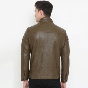 Blouson moto homme en cuir PU marron, col montant, fermeture éclair, coupe ajustée, manches classiques, couleur unie, pour l'automne - Product Image 5