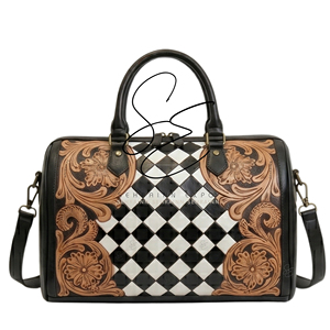 Bolsa de Viaje de Cuero Repujado Estilo Western SEHRAINN, con Patrón Floral a Cuadros Vintage y Cierre de Cremallera - Product Image 1