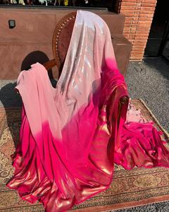 Sari de Georgette Sintética Premium con Trabajo de Lentejuelas en Toda la Superficie, Estilo Ombre Degradado, para Fiestas, Estilo Bollywood, Ropa Étnica India para Bodas - Product Image 3