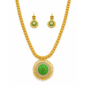 <b>Emerald</b> Green CZ Sunburst Pendant Necklace <b>Set</b> with Matching Earrings – Gold Tone Traditional Jewellery Bridal <b>Jewelry</b> Statement - Product Image 3