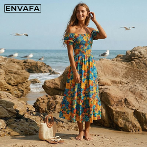 Robe longue personnalisée style bohème convertible deux-en-un, épaules dénudées, taille cintrée, imprimé floral, manches courtes pour femme - Product Image 3
