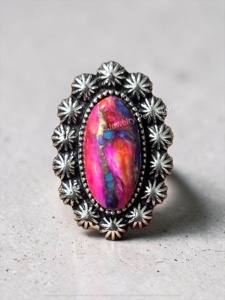 Bague en argent sterling 925 avec pierre précieuse turquoise rose épineuse de forme ovale, style religieux, bijoux de mariage pour femmes - Product Image 1