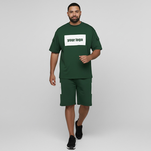 Ensemble 2 pièces pour homme de qualité supérieure, logo imprimé DTF personnalisé, 100% coton, 2 tons, streetwear, sportswear, poids moyen, uni, short - Product Image 1