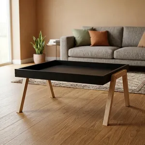 Mesa de Centro Grande de Madera Negra con Patas de Madera Natural, Diseño Desmontable, Muebles Modernos para Sala de Estar - Product Image 1