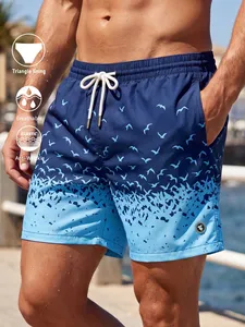 Shorts de plage pour hommes à imprimé mouettes dégradé bleu avec cordon de serrage à la taille, séchage rapide, fabriqués au Pakistan - Product Image 4