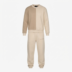 Men Beige Two Tone Sweatshirt <b>Jogger</b> <b>Set</b> Crewneck Contrast Panel <b>Matching</b> Two Piece Tracksuit Streetwear Outfit - Product Image 3