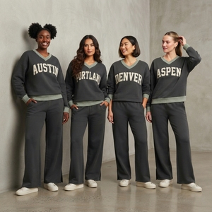 Women's Collegiate Letter Print <b>V</b> <b>Neck</b> Sweatshirt & Wide Leg Pants Matching Lounge Set Full <b>Sleeve</b> Casual Knitted 2 Piece Outfit - Product Image 1