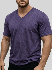 Men's V-Neck Short Sleeve Solid Cotton T-Shirt Regular Fit Casual Breathable Enzyme Wash for Knitted Jersey Fabric 180g - Product Image 5