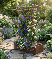 Grand treillis de jardin en bois artisanal pour l'extérieur avec bac à plantes et structure d'escalade pour fleurs et végétaux grimpants, fabriqué au Vietnam