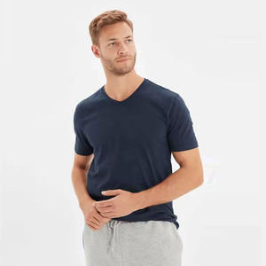 Camiseta de Manga Corta con Cuello en V para Hombre, Color Azul Marino Sólido, 100% Algodón, Corte Regular, Diseño Transpirable de Punto Jersey Informal - Product Image 6