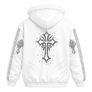 <b>Women's</b> <b>White</b> Hooded <b>Sweatshirt</b> With Cross Print Sequined Sleeves Casual Winter Jacket - Product Image 1