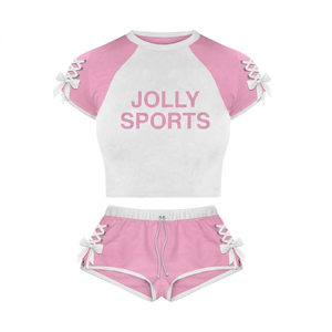 Women <b>Booty</b> Short Set Polyester Spandex 200 GSM Black Pink White Raglan Sleeve Sublimation <b>Heat</b> Transfer Logo Women <b>Booty</b> Set - Product Image 6