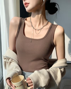 Black Ribbed Women's Polyester/Cotton Breathable Knitted Solid Crew Neck Short Sleeveless Tank Top 160g for Fitness Casual Wear - Product Image 2