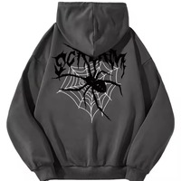 Gotik Örümcek Ağı Baskılı Kapüşonlu Sweatshirt Erkek Regular Fit Sonbaharlık Siyah Pamuklu Fransız Havlusu Sırt Logolu