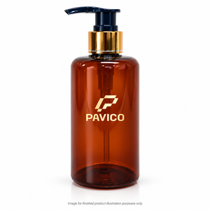 ขวดเครื่องสำอางทรงกลม PET สีเหลืองอำพัน พร้อมหัวปั๊มโลชั่น ยี่ห้อ Pavico พิมพ์ลายซิลค์สกรีน สำหรับผู้ผลิตบรรจุภัณฑ์ผลิตภัณฑ์ดูแลส่วนบุคคล ประเทศเวียดนาม - Product Image 2
