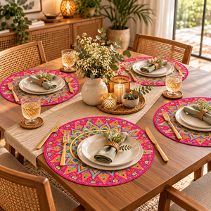 Manteles Individuales Redondos con Estampado Mandala Bohemio, Diseño Geométrico Vibrante para Uso Doméstico, Lavables - Product Image 4