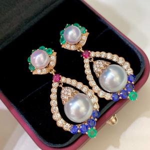 Boucles d'oreilles pendantes en argent sterling 925, entièrement serties de diamants, trèfle polyvalent, perle naturelle sans défaut de 11 à 12 mm - Product Image 2