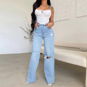 Comfortable High-Waisted Ladies All-in-One Denim Pants Modest Casual Style Baggy <b>Jeans</b> with Ripped Washed Hole Decoration - Product Image 5