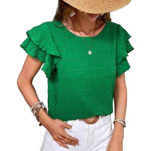 Blouses d'affaires élégantes pour femmes été hauts décontractés habillés avec volants manches courtes col rond tailles XS à XL motif brodé - Product Image 4