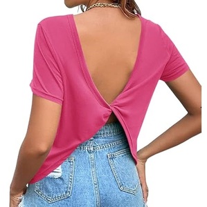 Breathable 100% Cotton Spandex Backless T-Shirt Sexy Hollow Club Party Slim Fit Knitted <b>Cropped</b> <b>Tops</b> Tees Shirts Wholesale OEM - Product Image 1