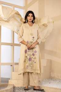 Premium Mul Cotton Beige Embroidered A Line Suit Set <b>Women</b> Ethnic <b>Kurta</b> with Matching Dupatta Boutique Wear - Product Image 3