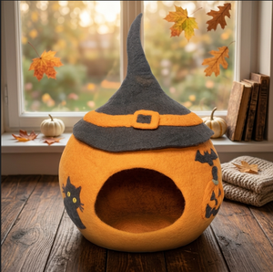 Wool Felt Cat Bed Cave Orange With Black Cat Pattern Round Shape Soft Indoor Pet Nest <b>For</b> Cats Autumn Style - Product Image 5