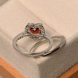 Classic Red <b>Garnet</b> Heart & Round Cut Moissanite Gemstone Proposal <b>Ring</b> Set Original 925 <b>Silver</b> Fine Surprise Birthdays Party - Product Image 2