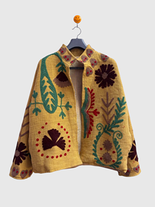 Veste en lin brodée à la main avec des motifs floraux, manches longues, col rabattu, taille plus, style Prairie Chic, vêtements de printemps pour femmes - Product Image 1