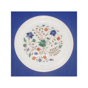 Marble Inlay Plate Flowering Design Round Shape Decorative White Marble Plate Handcrafted <b>Flower</b> Pattern For Home Decoration. - Product Image 1