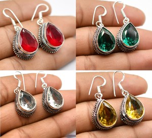 Vintage 925 Silver Pear Cut Crystal Drop <b>Earrings</b> For Women Everyday Wear Bezel Setting Water Drop Shape Green Blue Black Colors - Product Image 4