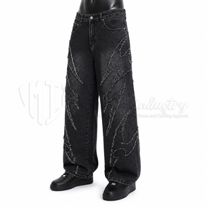 Pantalones Vaqueros Personalizados para Hombre, Negros, Lavados, de Cintura Media, Ecológicos, de Corte Holgado, con Detalles de Costura, Estilo Urbano, Venta al Por Mayor - Product Image 3