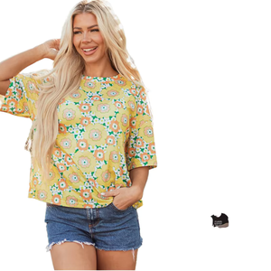 Women's Yellow Floral Print <b>Cap</b> <b>Sleeve</b> Loose Fit Cotton T-Shirt Casual Spring Summer O-Neck <b>Top</b> - Product Image 1