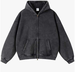 Unisex Acid Wash Zip-Up Hoodie 100% Cotton Fleece Oversized Long Sleeve Casual Jacket for Men and Women with Pockets - Product Image 1