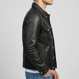 Men's Vintage Black <b>Sheepskin</b> Leather Trucker <b>Jacket</b> - Product Image 2