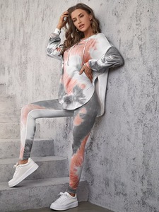 Womens <b>Tie</b> <b>Dye</b> Hoodie Tracksuit | High Low Side Slit Pullover & Leggings <b>Set</b> | Two Piece Stretch Loungewear Gym Co Ord Suit - Product Image 5